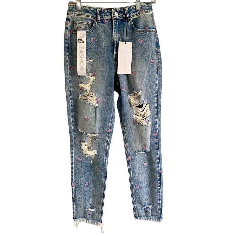 Tinseltown Hi Rise Mom Jeans Distressed Style with Butterflies Size 7 NEW NWT